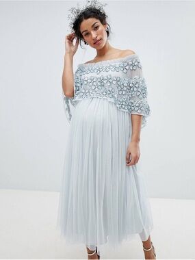 Maya Maternity Silver Sequin Embellished Tulle Off Shoulder Formal Dress